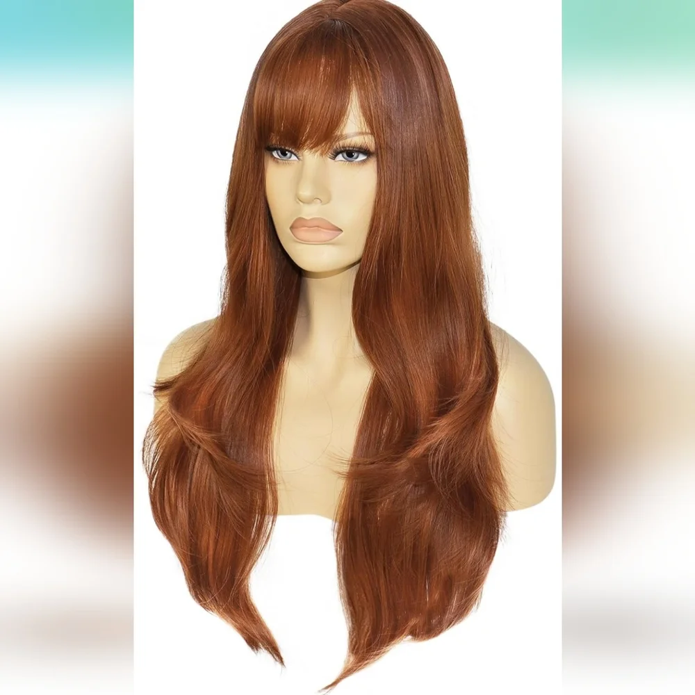 28 Inch Long Layered Auburn Wig for Women Copper Red Wig with Bangs